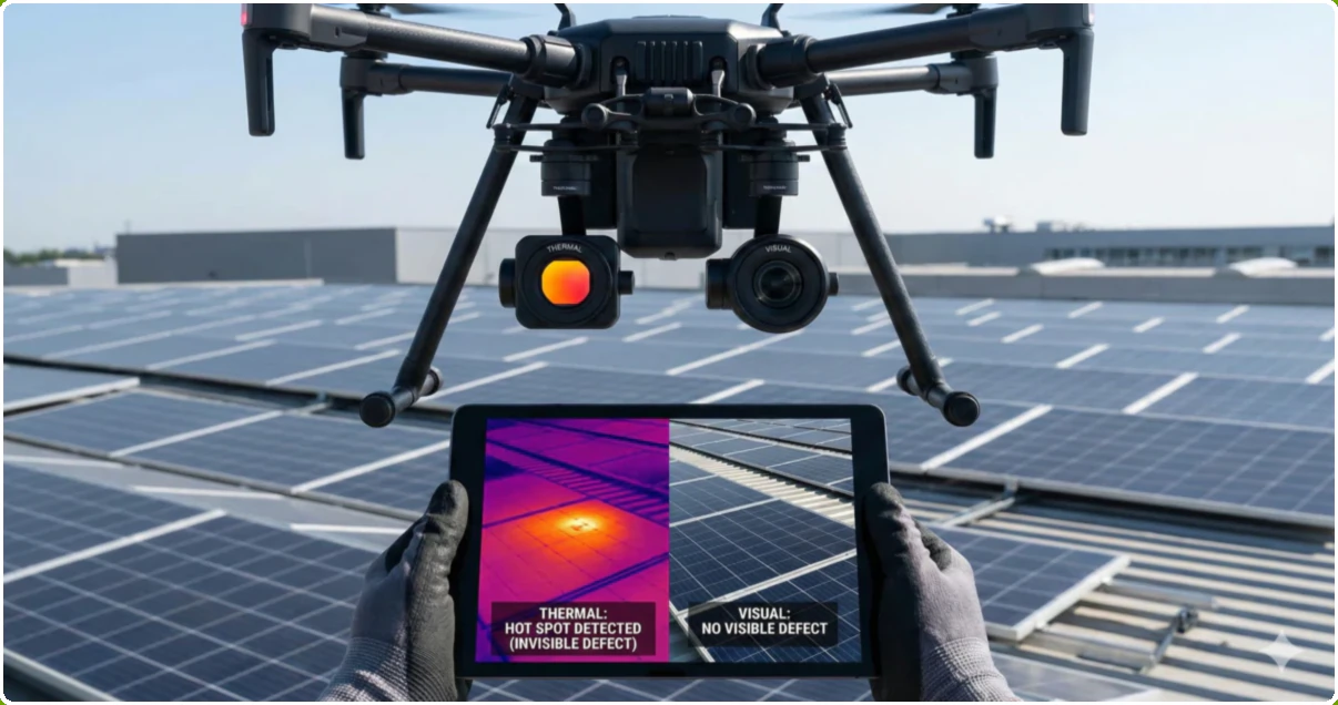 Drone inspecting solar panels with tablet