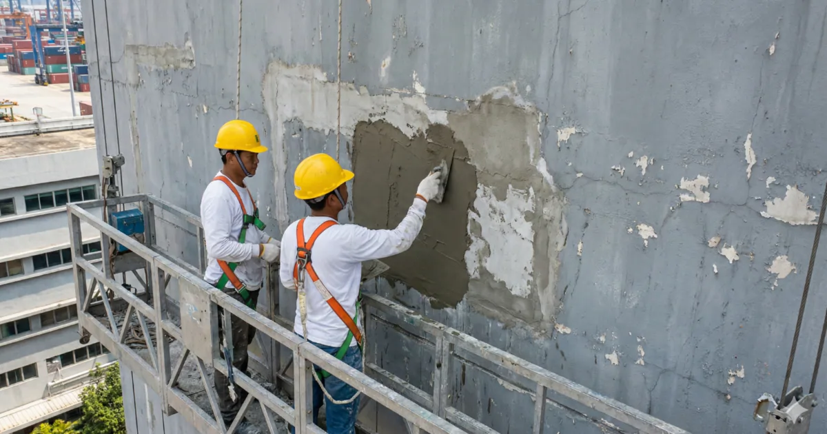 facade repair works Workers repairing a building facade.