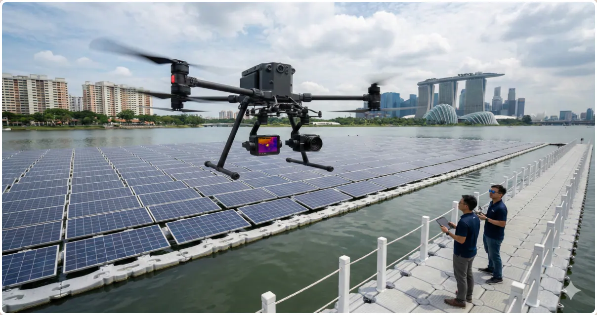 solar panels diagnostics_1200_630 Drone thermal scan solar panels over water.