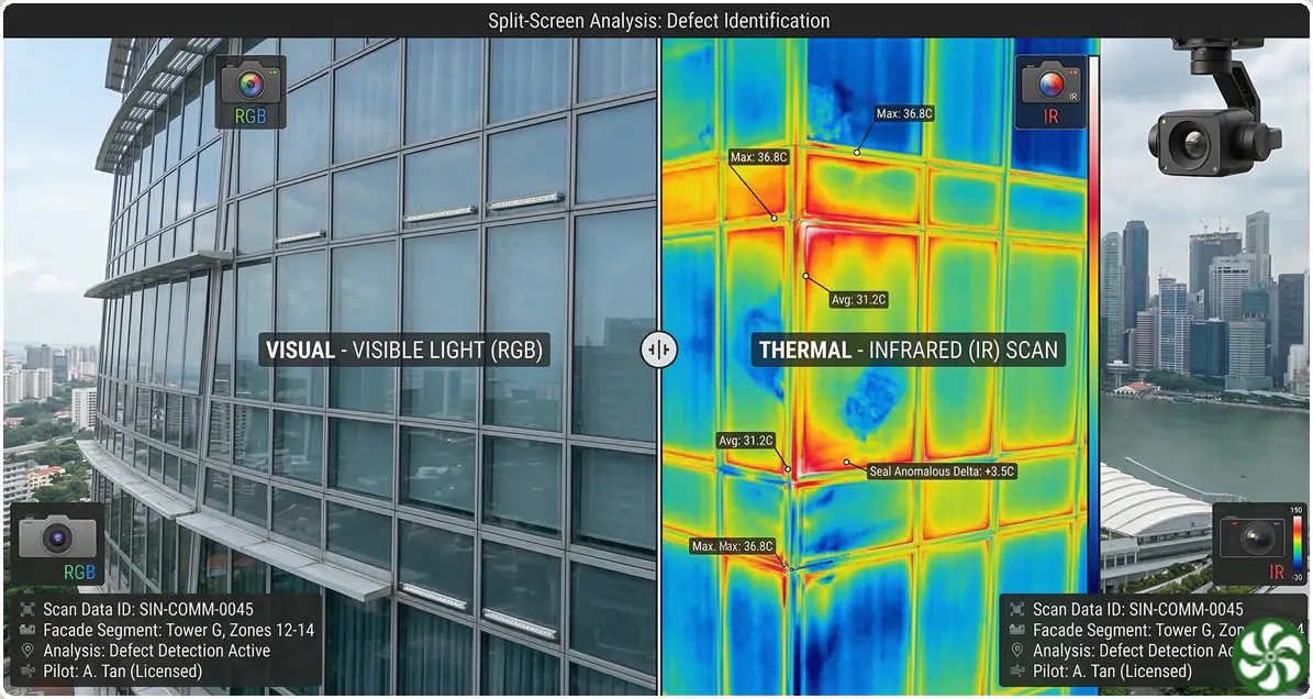 close up Thermal vs Visual split screen showing a hidden leak