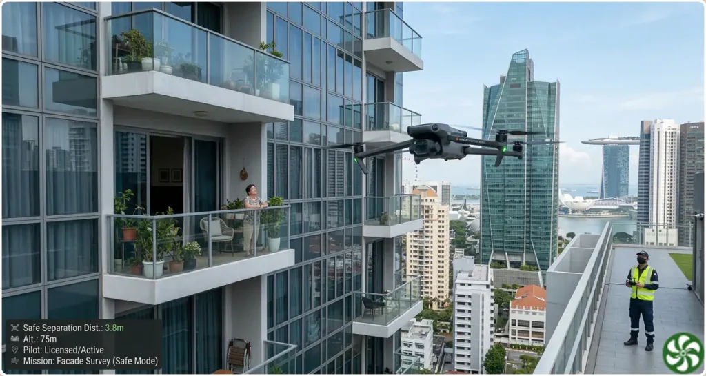 A drone flying safely next to a high rise condo balcony